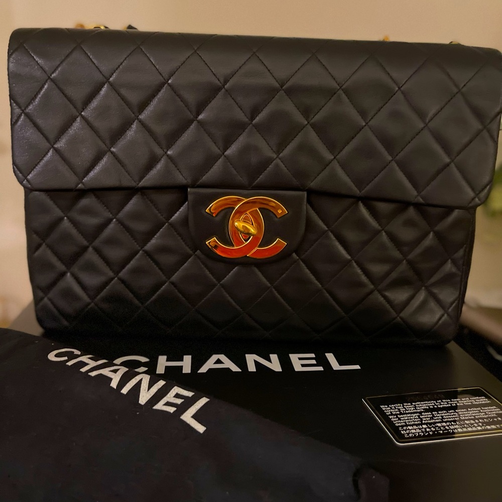 Chanel Classic Flap Vintage Maxi Jumbo Black Lambskin Leather Shoulder Bag